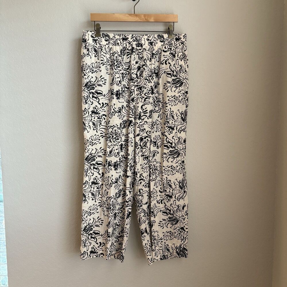 Christian Siriano 100% Linen Crop Pant XL Wide Leg Floral Printed Black/Cream